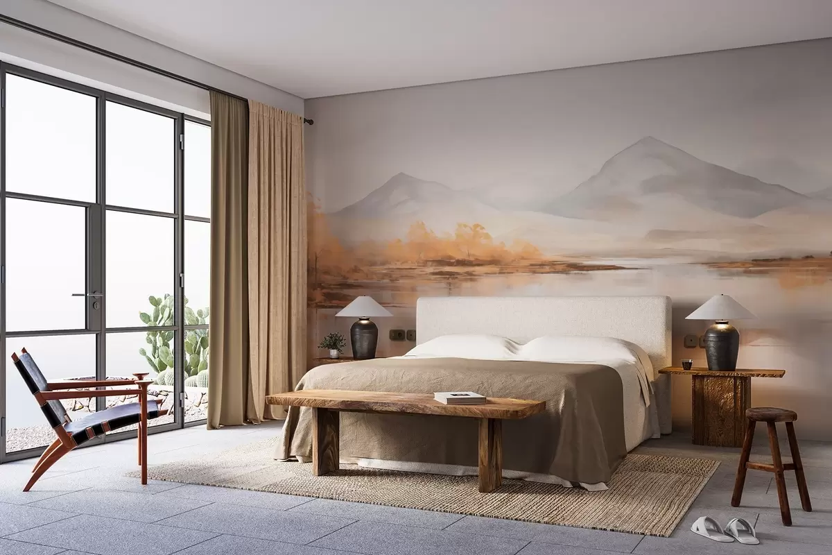 murales de pared Paisaje otoñal con árboles amarillos y un río sobre un fondo montañoso w09020