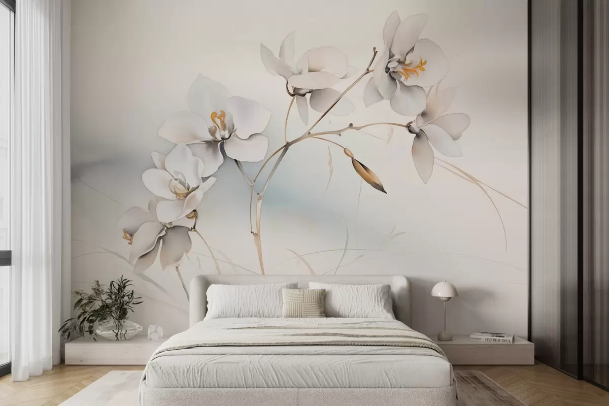 murales de pared Rama de orquídea blanca en estilo acuarela w09022