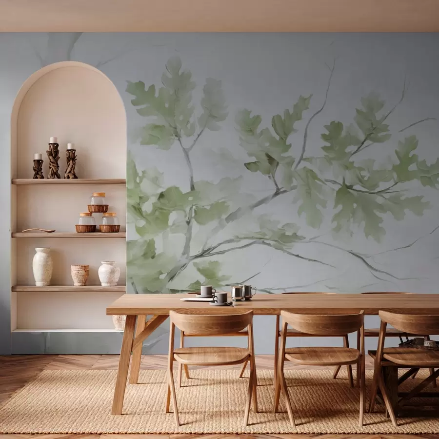 murales de pared Rama de roble con hojas de tonos verdes w03772v1