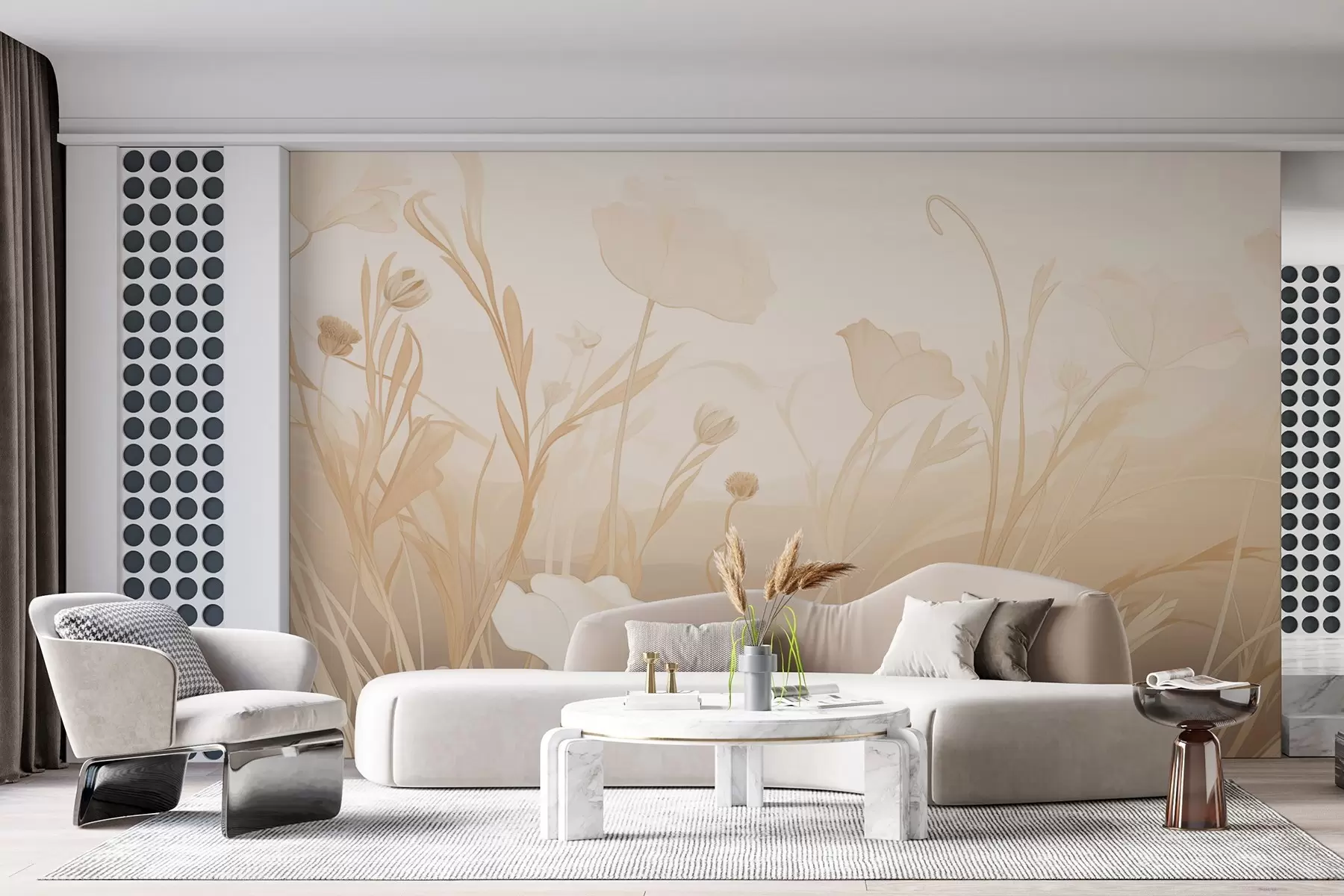 murales de pared Amapolas blancas en tonos beige-gris w09041