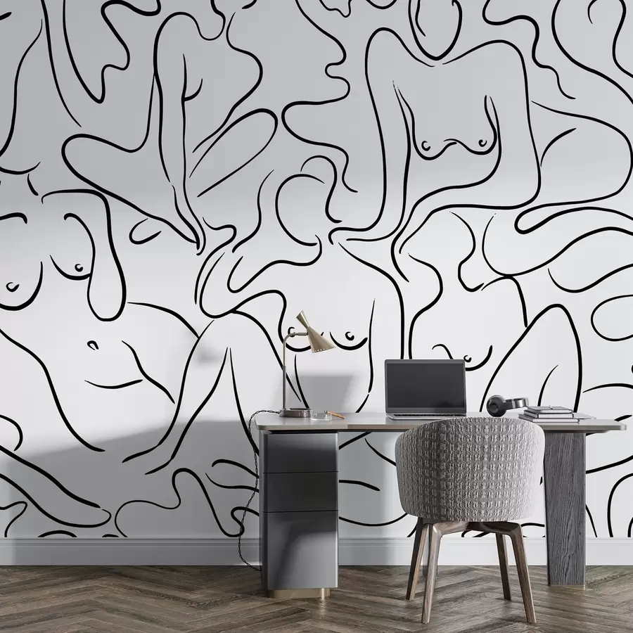 murales de pared Dibujo lineal siluetas de cuerpos de mujeres, abstracción, color negro w03755