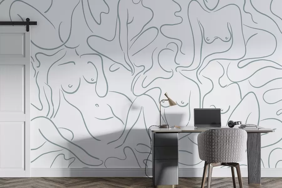 murales de pared Dibujo lineal siluetas anatómicas, abstracción, color azul w03755v1