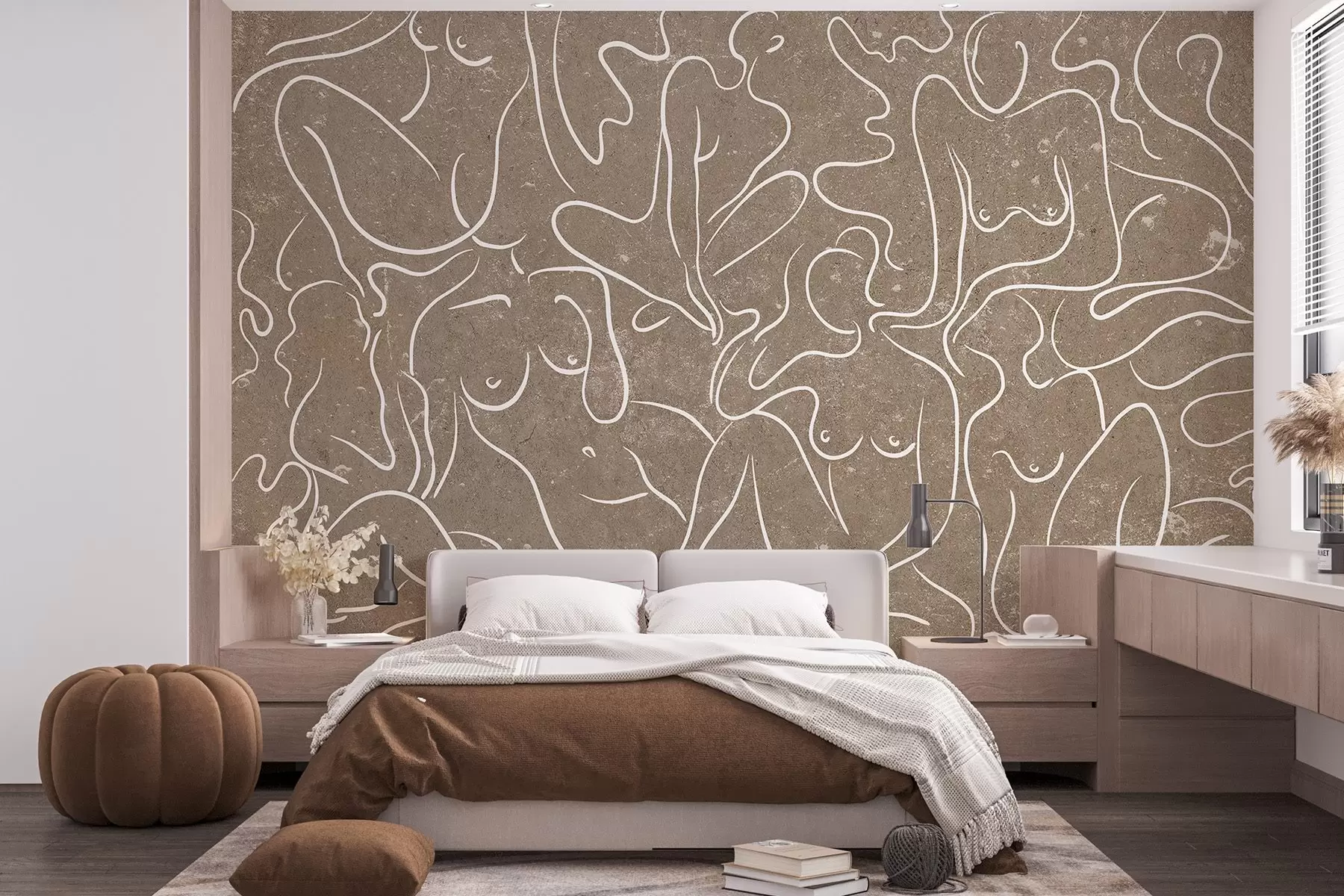 murales de pared Dibujo lineal siluetas anatómicas, abstracción, fondo beige w03756
