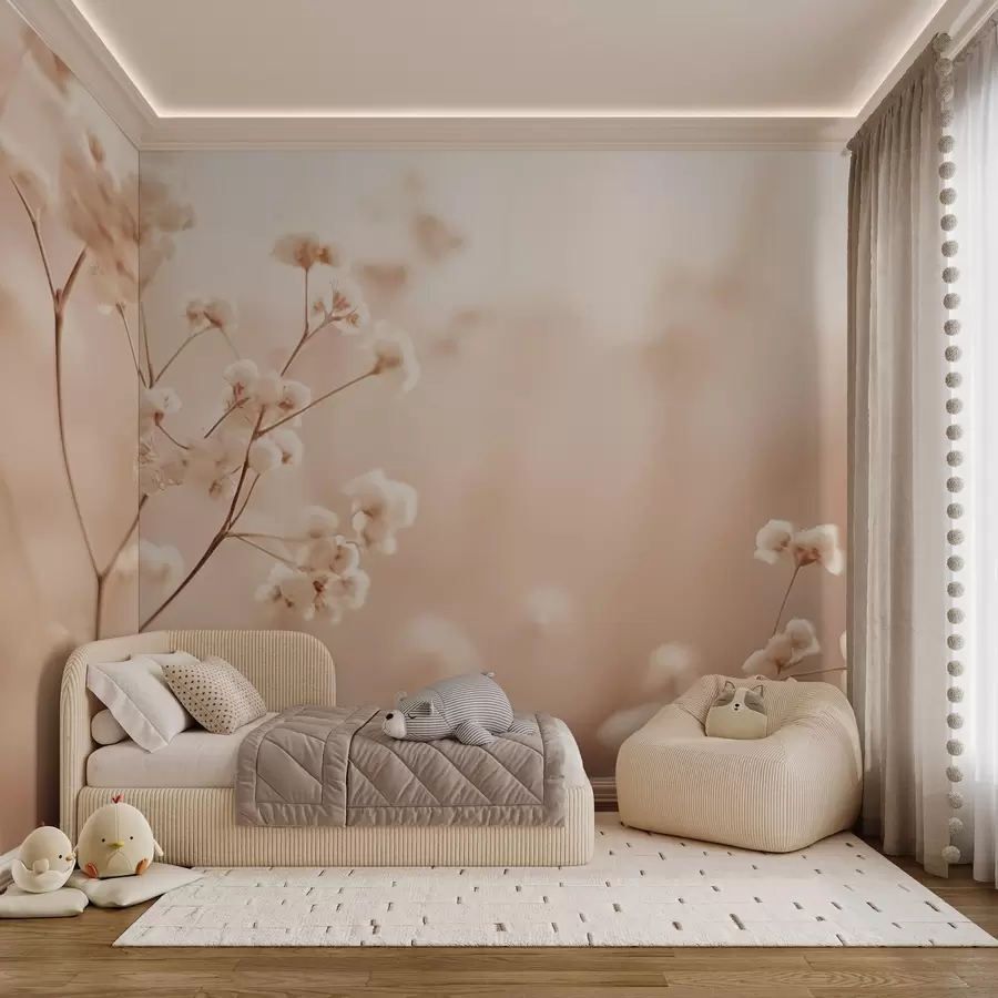 murales de pared Delicadas flores secas de color crema desenfocadas sobre un fondo cálido w03793