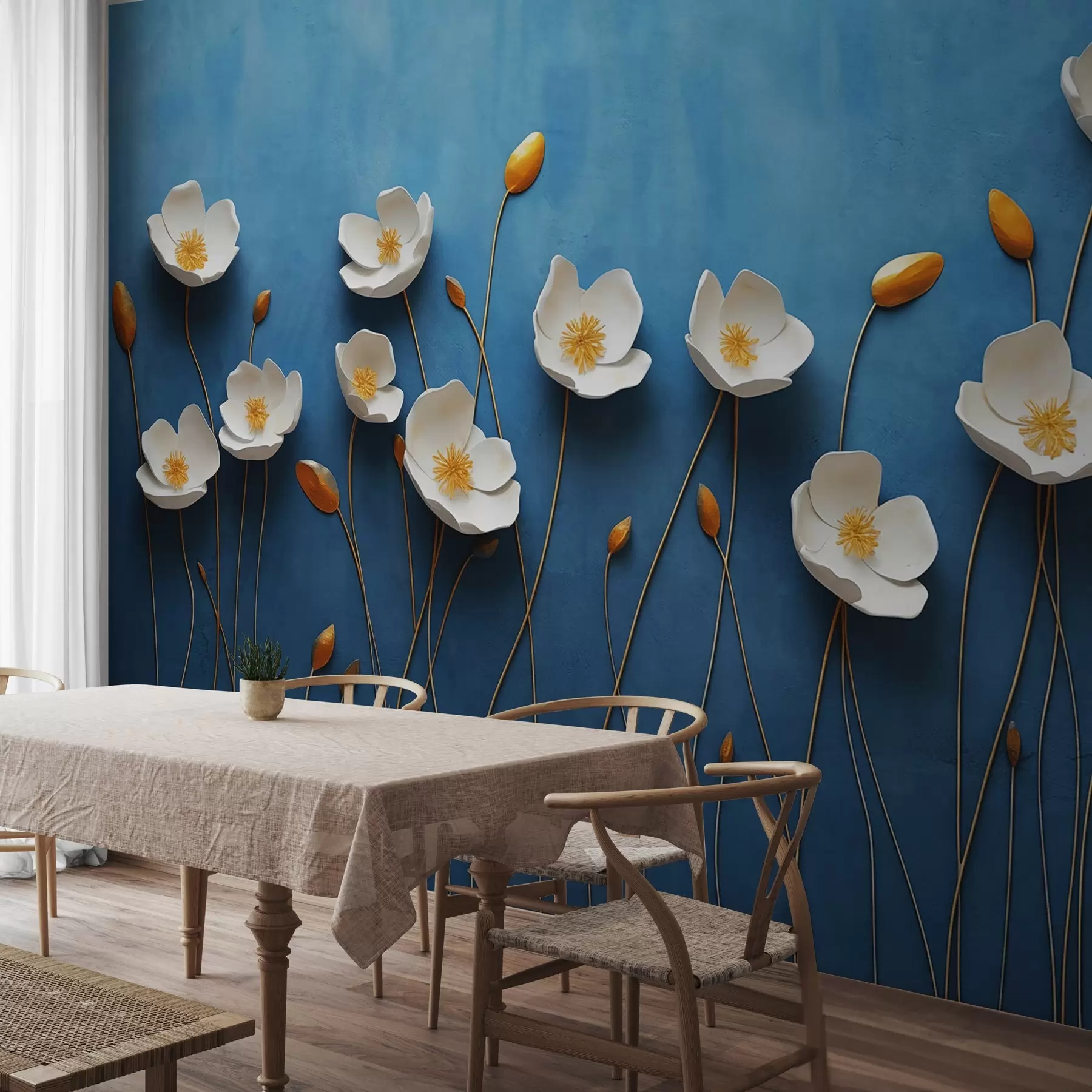 murales de pared Flores blancas con centros amarillos sobre fondo azul w03800