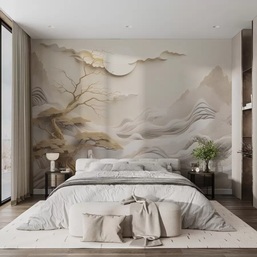 murales de pared Paisaje oriental con árboles y montañas w03803