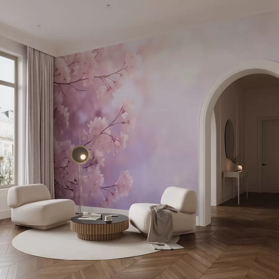 murales de pared Ramas de sakura con flores rosas sobre fondo pastel w03804