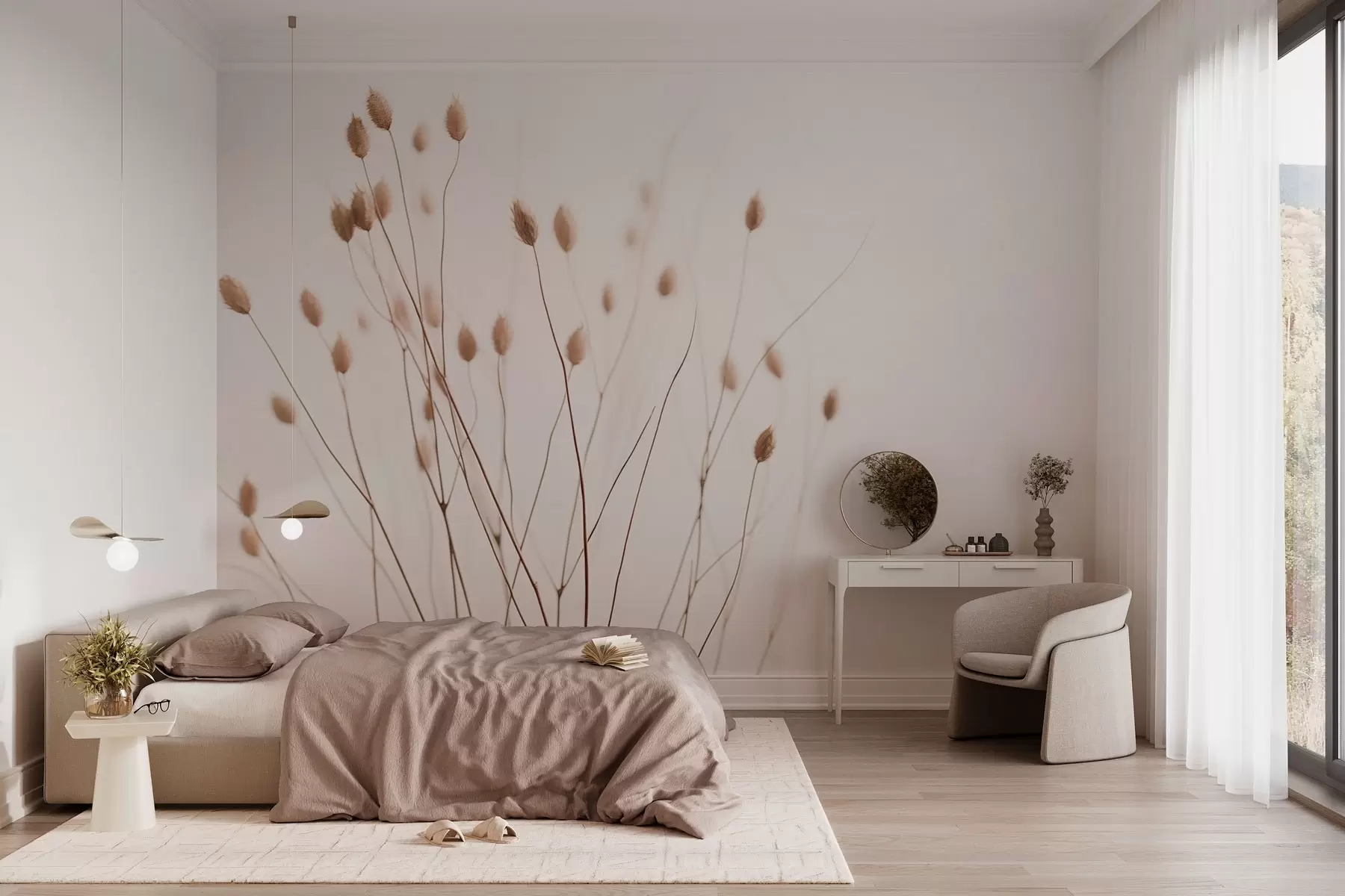 murales de pared Ramas minimalistas con espiguillas sobre fondo blanco w03805