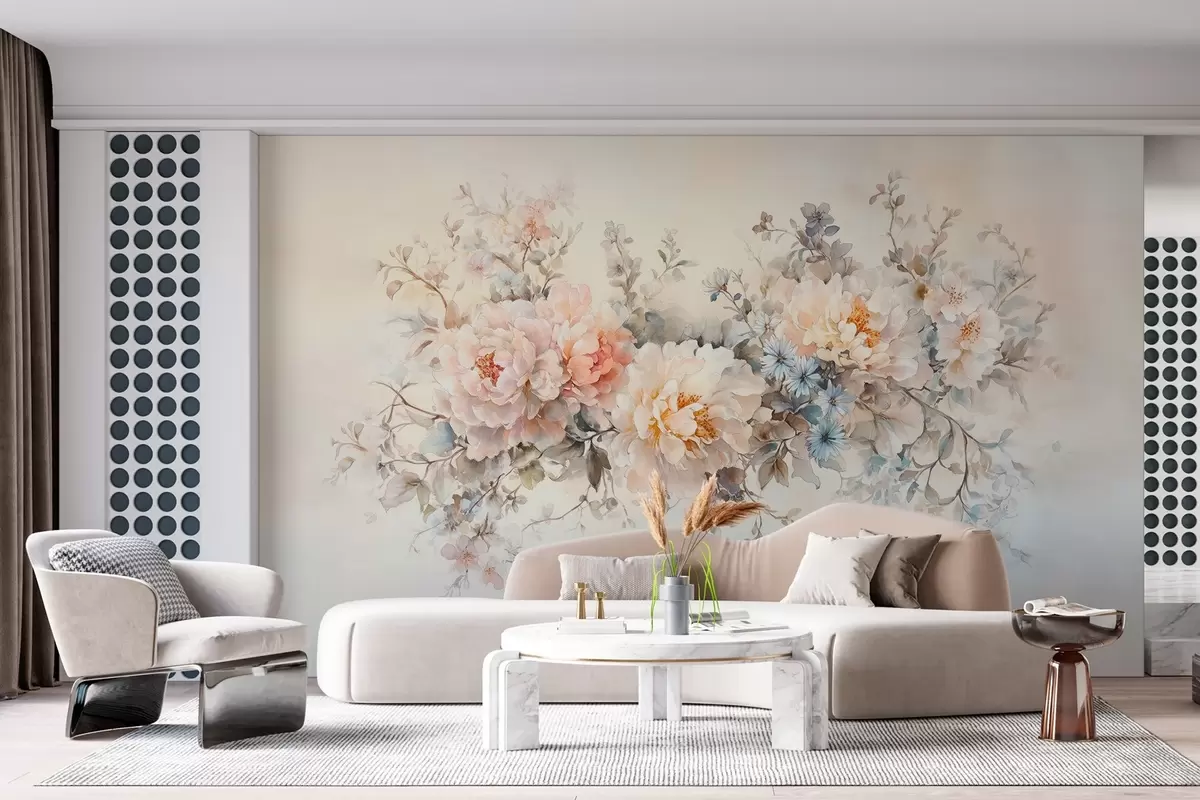 murales de pared delicadas flores estilo acuarela en tonos pastel rosa, beige y azul w03724