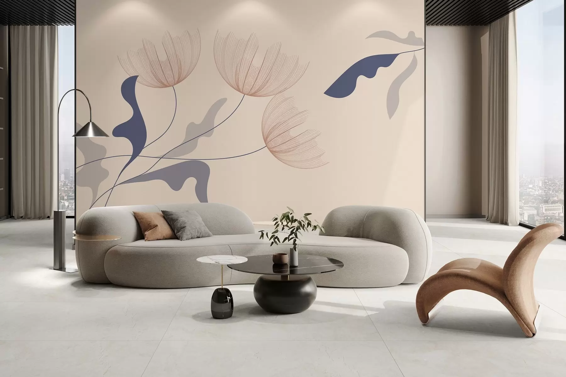 murales de pared elegantes flores minimalistas en tonos azules sobre fondo beige w03763