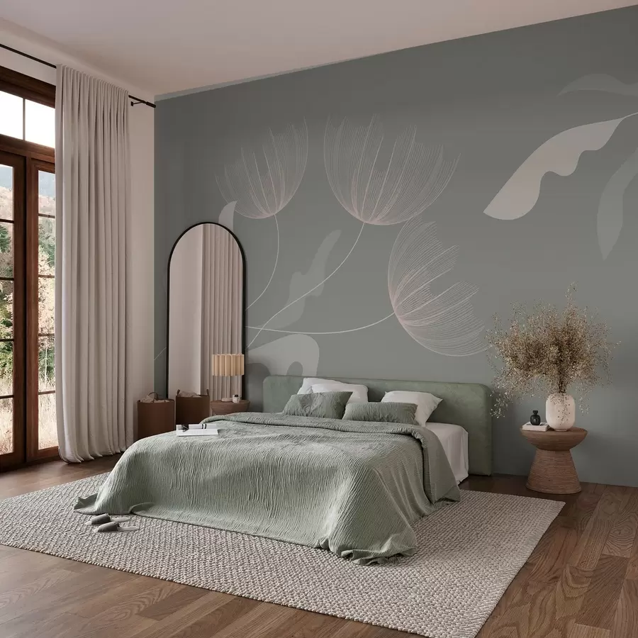 murales de pared elegantes flores minimalistas en tonos verdes sobre fondo beige w03763v2
