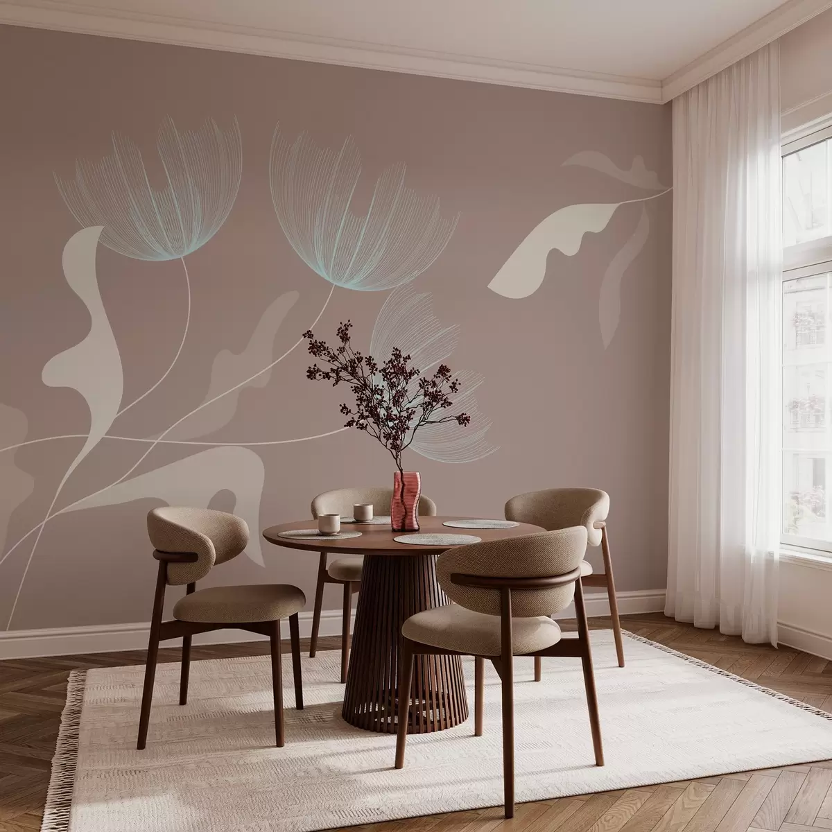 murales de pared elegantes flores minimalistas en tonos blancos y azules sobre fondo moca w03763v3