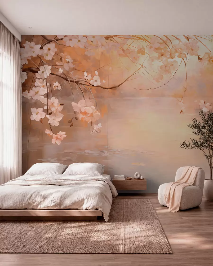 murales de pared Arte abstracto del paisaje con la rama de la flor y las flores blancas que cuelgan sobre un lago, colores pastel suaves w09046