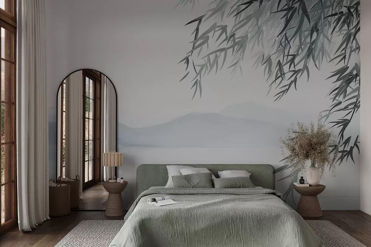 murales de pared Hojas de bambú colgando sobre un lago con montañas al fondo, suaves tonos azules y blancos, estilo de pintura de lavado de tinta w09048