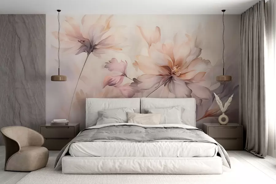 murales de pared Un delicado arte floral con grandes flores de colores pastel con pétalos translúcidos, tallos suaves y un suave fondo difuminado w09050