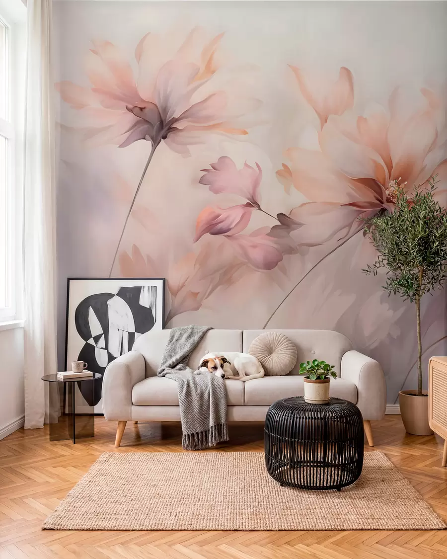 murales de pared Un delicado arte floral con grandes flores de colores pastel con pétalos translúcidos, tallos suaves y un suave fondo difuminado w09050