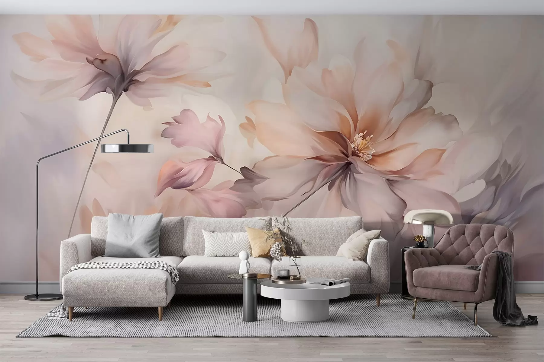 murales de pared Un delicado arte floral con grandes flores de colores pastel con pétalos translúcidos, tallos suaves y un suave fondo difuminado w09050