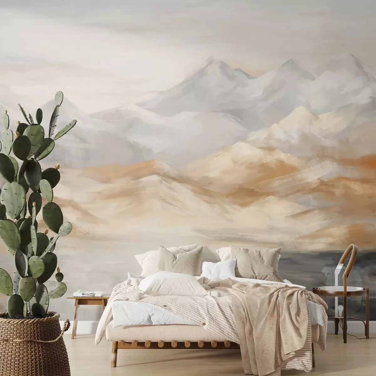murales de pared Paisaje texturizado de montañas con un lago en primer plano, en tonos blancos, grises y marrones w09057