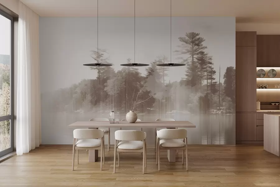 murales de pared Paisaje abstracto minimalista texturizado con un lago y árboles reflejados en el agua en tonos beige y blanco w09058v1