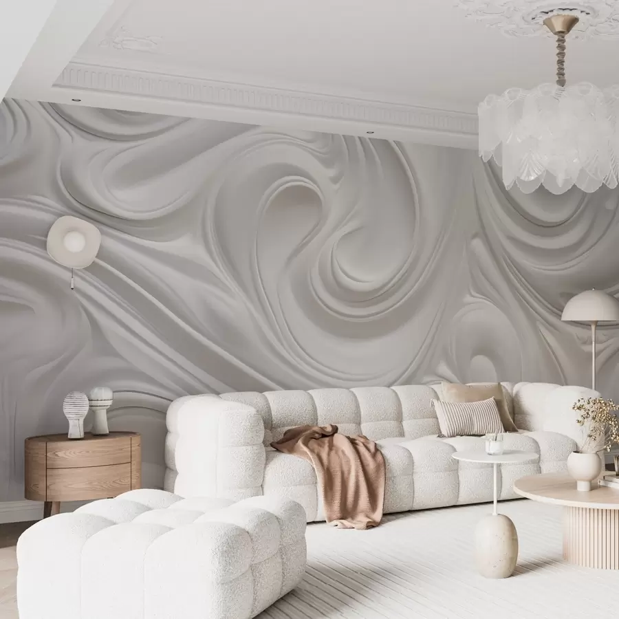 murales de pared Arte moderno abstracto blanco con remolinos y ondas fluidas, textura suave, diseño elegante, estética minimalista w09059
