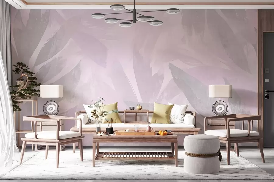 murales de pared Hojas tropicales, florales, palmeras, estilo pastel, colores morados w03881v1