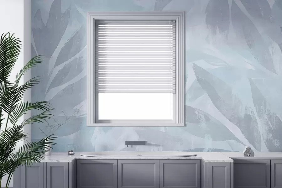 murales de pared Hojas tropicales, florales, palmeras, estilo pastel, colores azules w03881v2