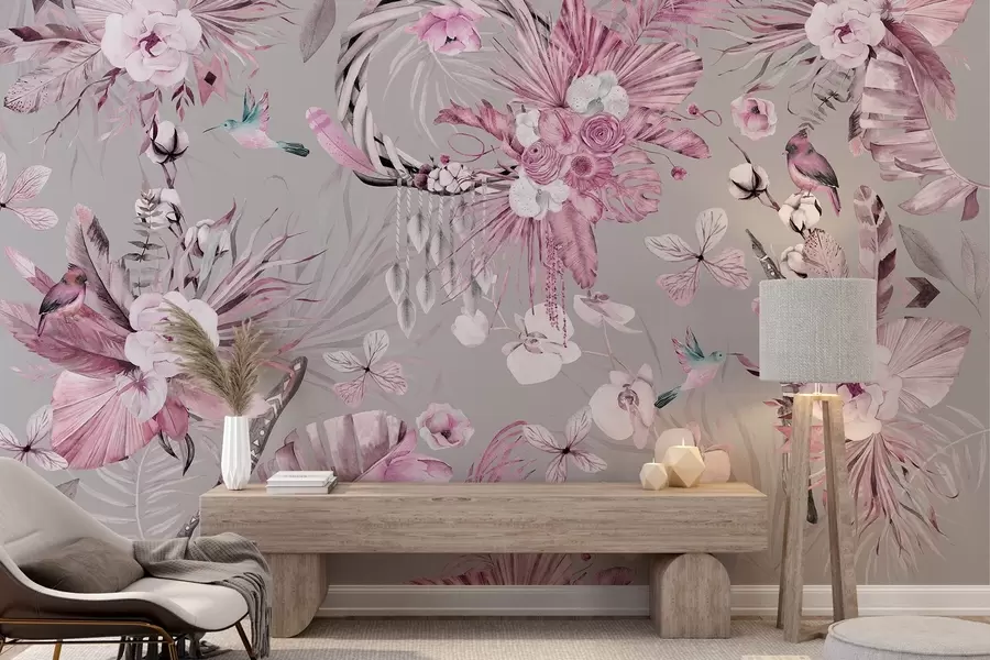 murales de pared Adorno de estilo boho con flores de peonía y pájaros, estilo acuarela, colores rosas w03885v1