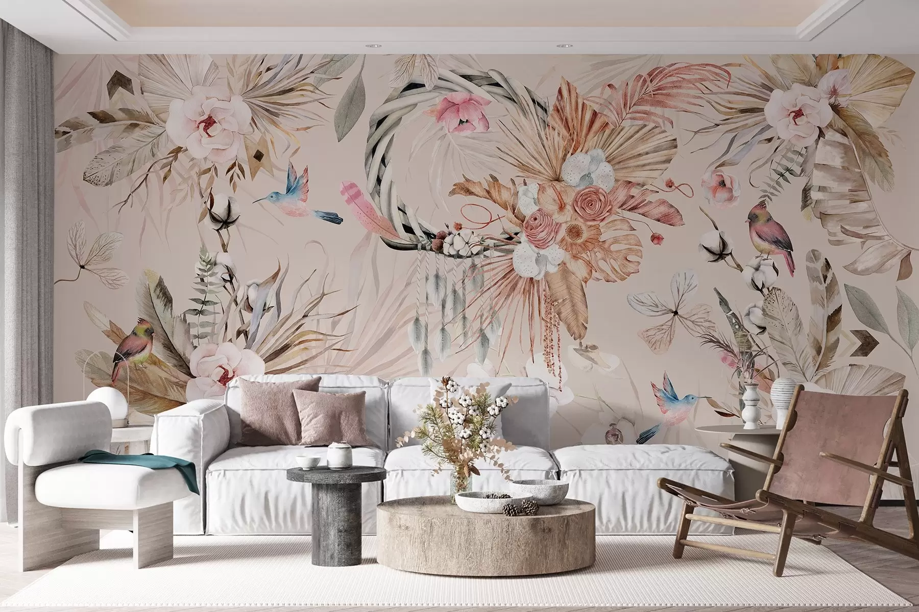 murales de pared Adorno de estilo boho con flores de peonía y pájaros, estilo acuarela, colores suaves w03885v3