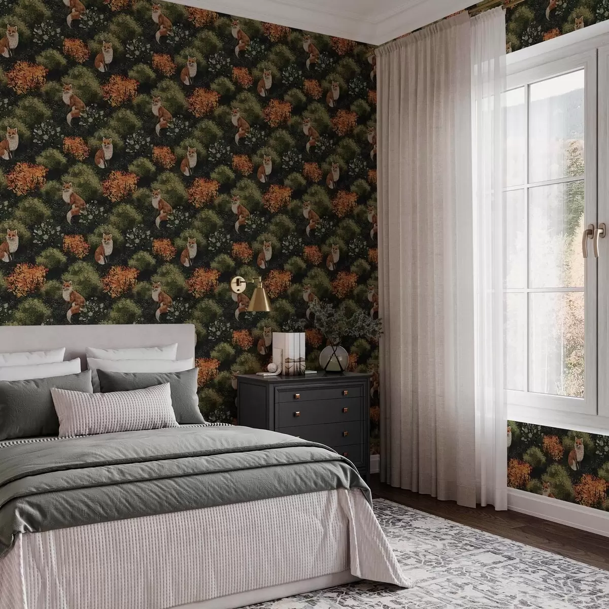 Papel pintado Rebozuelos en el bosque con arbustos otoñales sobre fondo oscuro a00101