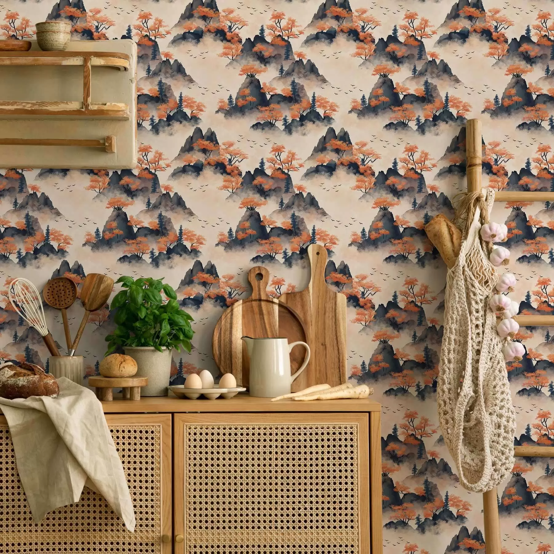 murales de pared Montañas otoñales en la niebla con naranjos y pájaros a00104