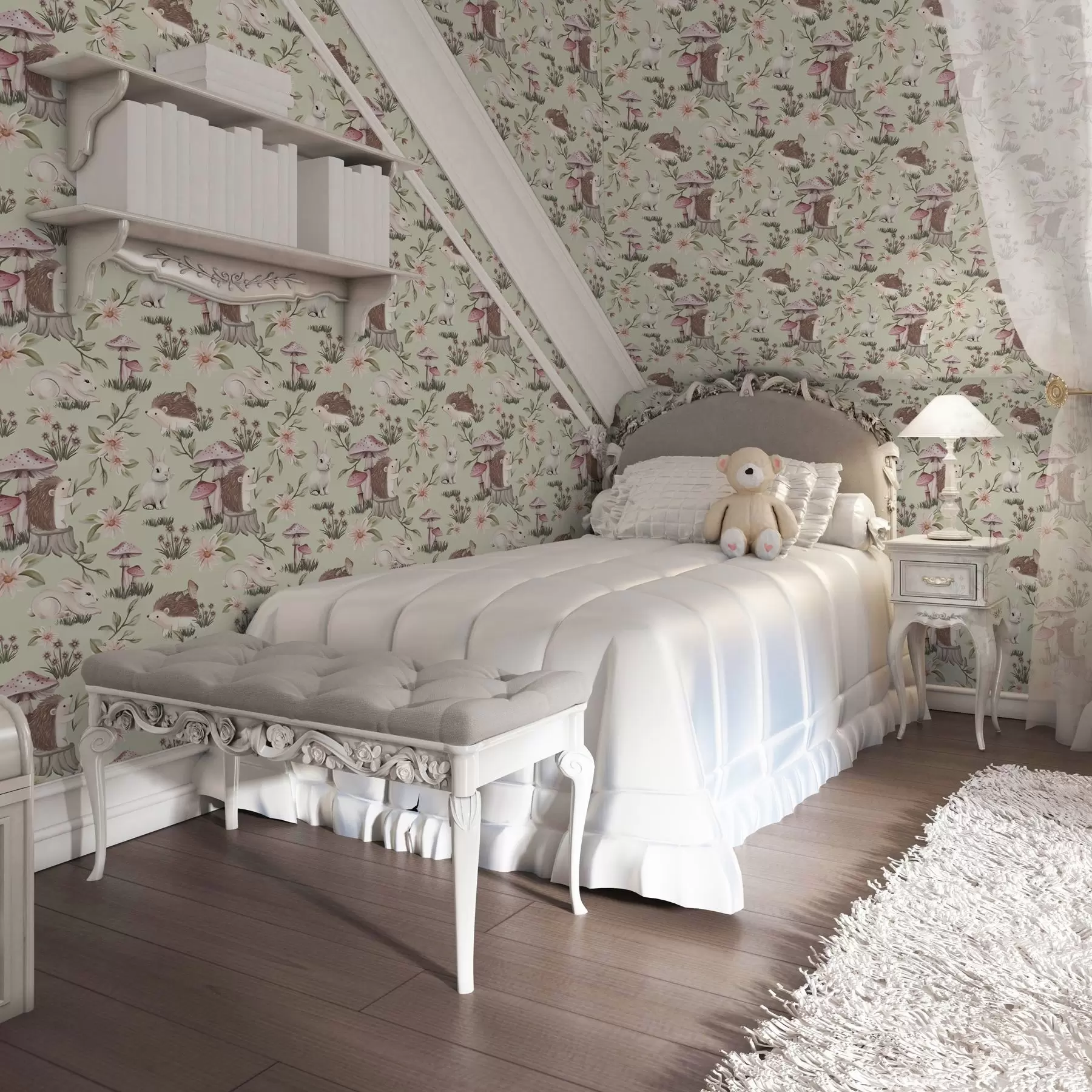 murales de pared Animales y flores de cuento sobre fondo verde en delicados colores pastel a00111v1