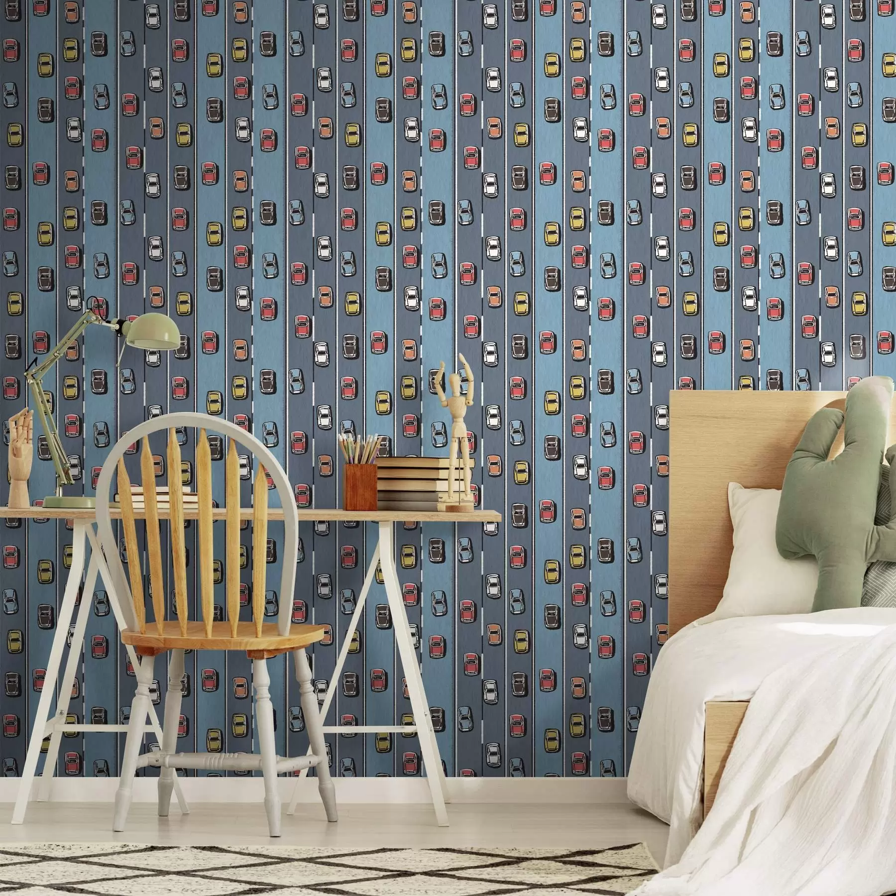 murales de pared Coche retro en la carretera al estilo de los años 60 a00118v1