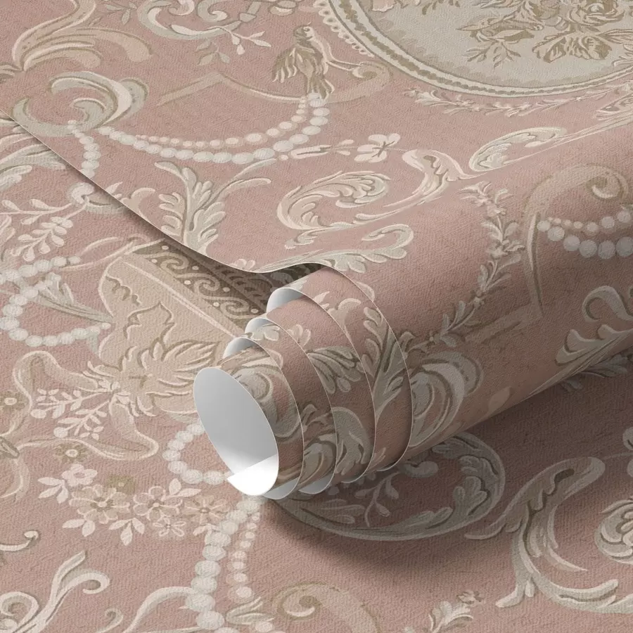 murales de pared Adorno barroco con flores sobre fondo rosa a00160