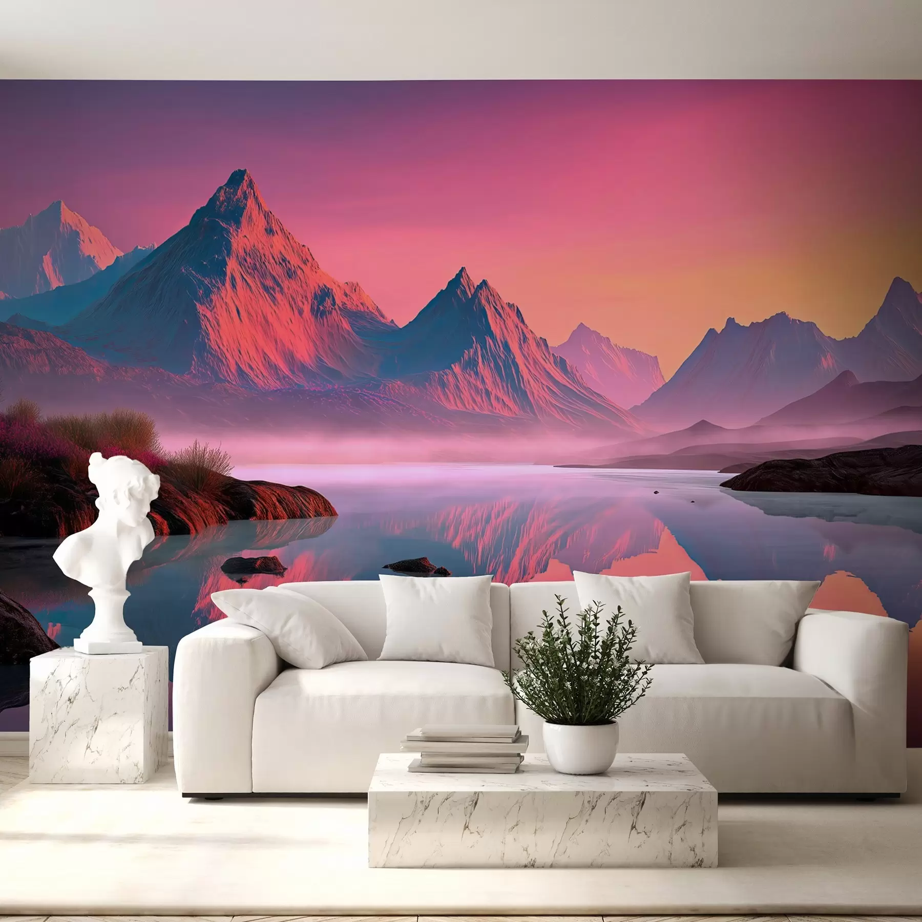 murales de pared Romántico paisaje al atardecer con un río y montañas en tonos rosados w09093