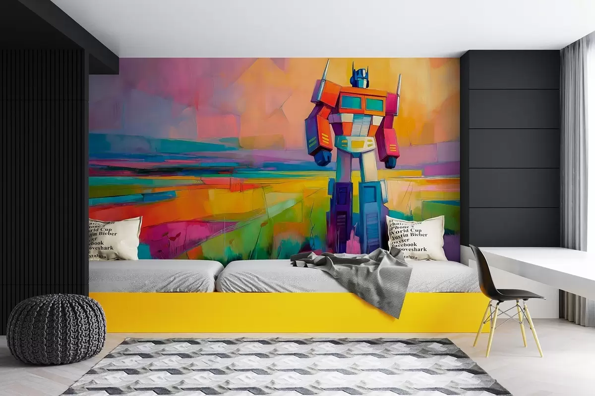 murales de pared Robot contra un paisaje abstracto brillante en estilo de pintura al óleo w09096