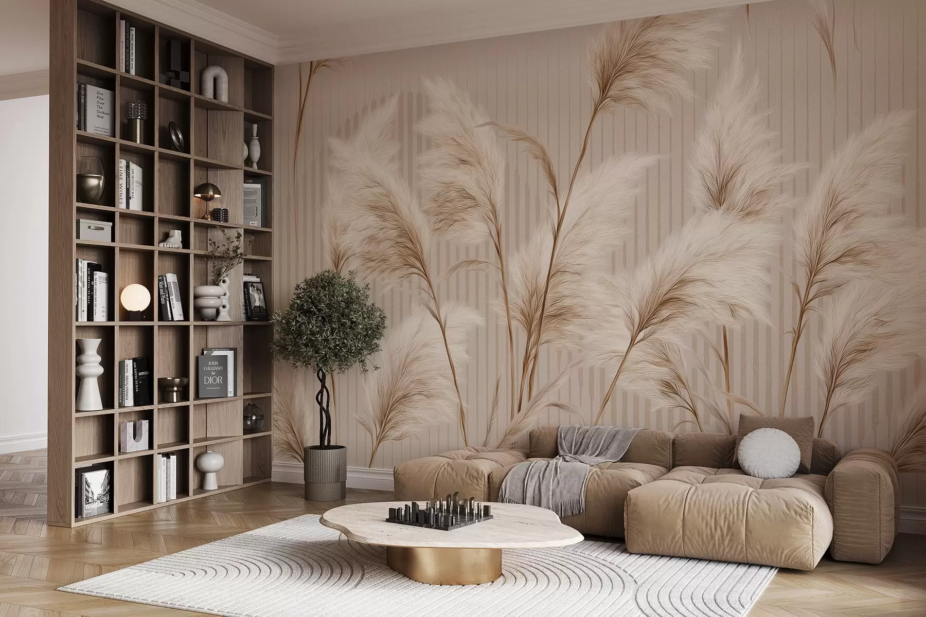 murales de pared Hierba de la Pampa sobre un fondo de líneas en tonos beige w09104