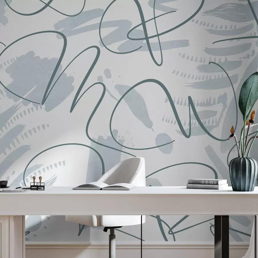 murales de pared Abstracción caligráfica con letras, pinceladas, color azul w03913v1