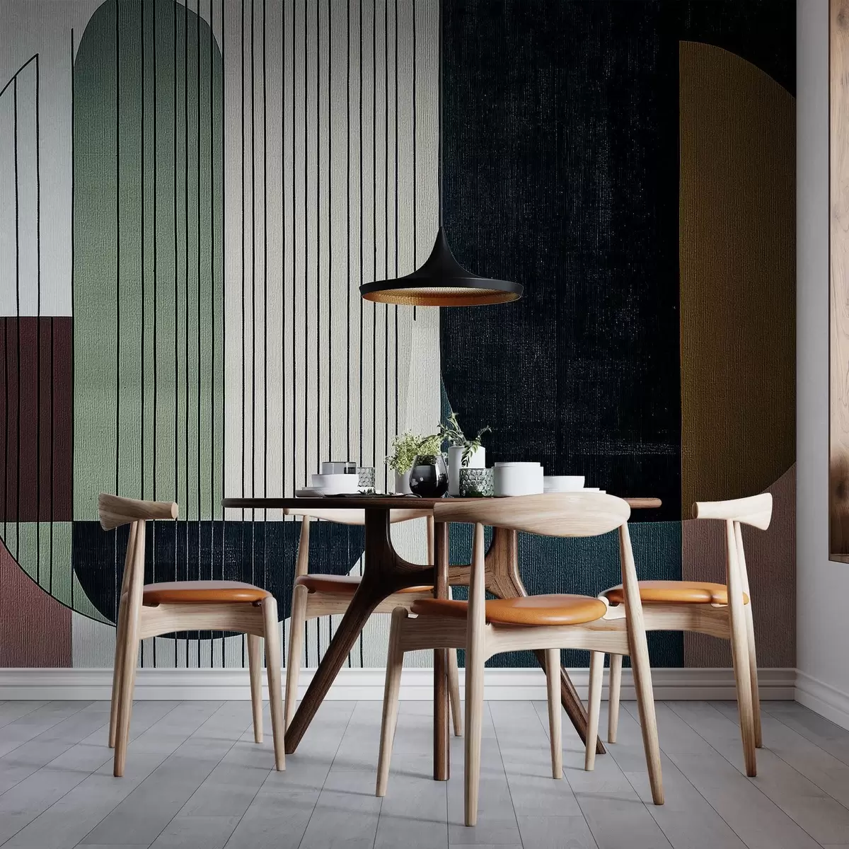 murales de pared moderna composición geométrica abstracta con formas superpuestas y patrones de líneas verticales, finas líneas que rellenan trapecios y óvalos, suave textura textil superpuesta, tonos cálidos apagados como verde oliva, topo, beige y carbón, sutiles efectos de transparencia entre las formas w03937