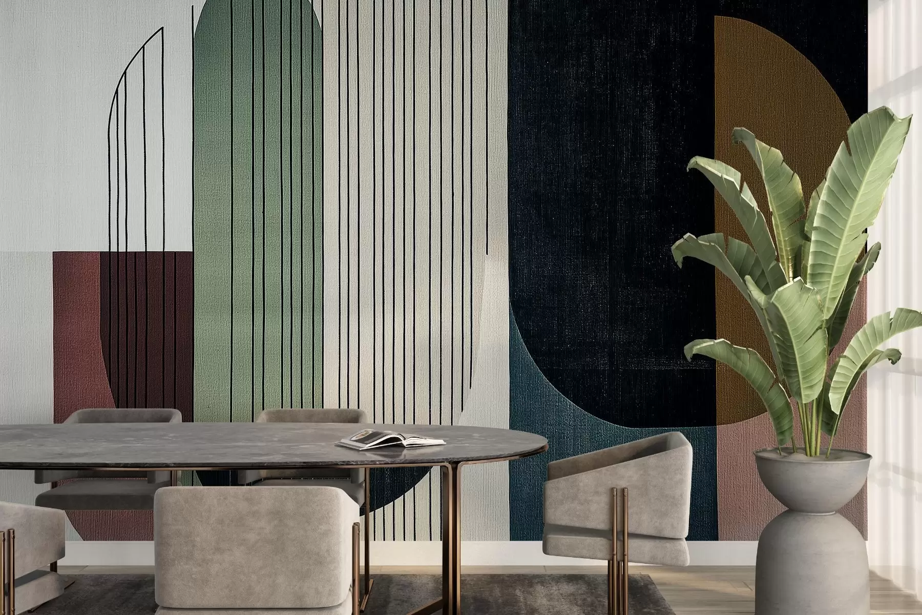 murales de pared moderna composición geométrica abstracta con formas superpuestas y patrones de líneas verticales, finas líneas que rellenan trapecios y óvalos, suave textura textil superpuesta, tonos cálidos apagados como verde oliva, topo, beige y carbón, sutiles efectos de transparencia entre las formas w03937