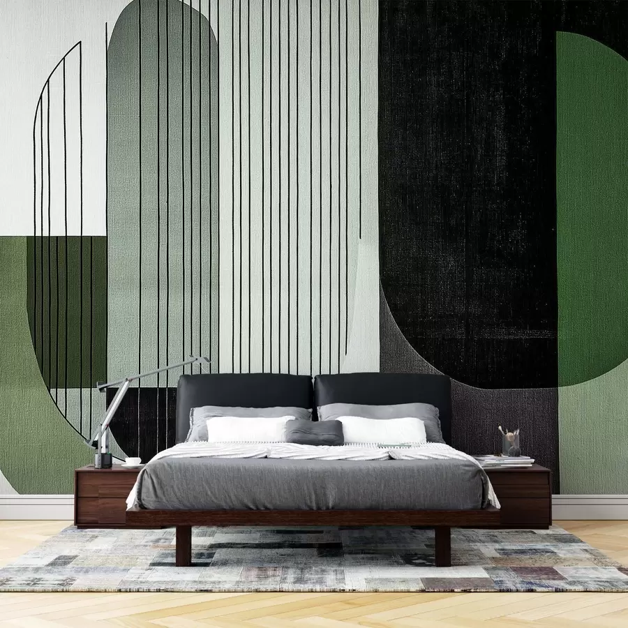 murales de pared moderna composición geométrica abstracta con formas superpuestas y patrones de líneas verticales, finas líneas que rellenan trapecios y óvalos, suave textura textil superpuesta, tonos cálidos apagados como verde oliva, topo, beige y carbón, sutiles efectos de transparencia entre las formas w03937v3