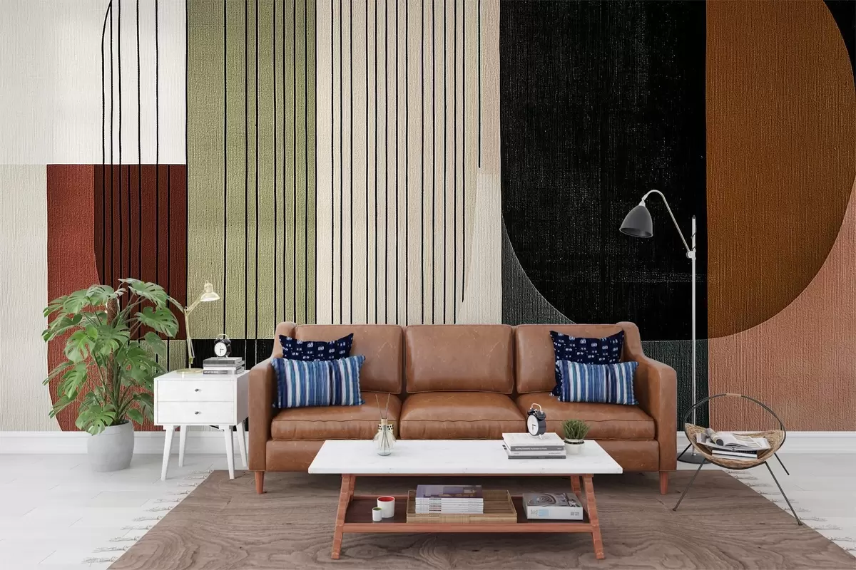 murales de pared moderna composición geométrica abstracta con formas superpuestas y patrones de líneas verticales, finas líneas que rellenan trapecios y óvalos, suave textura textil superpuesta, tonos cálidos apagados como verde oliva, topo, beige y carbón, sutiles efectos de transparencia entre las formas w03937v4