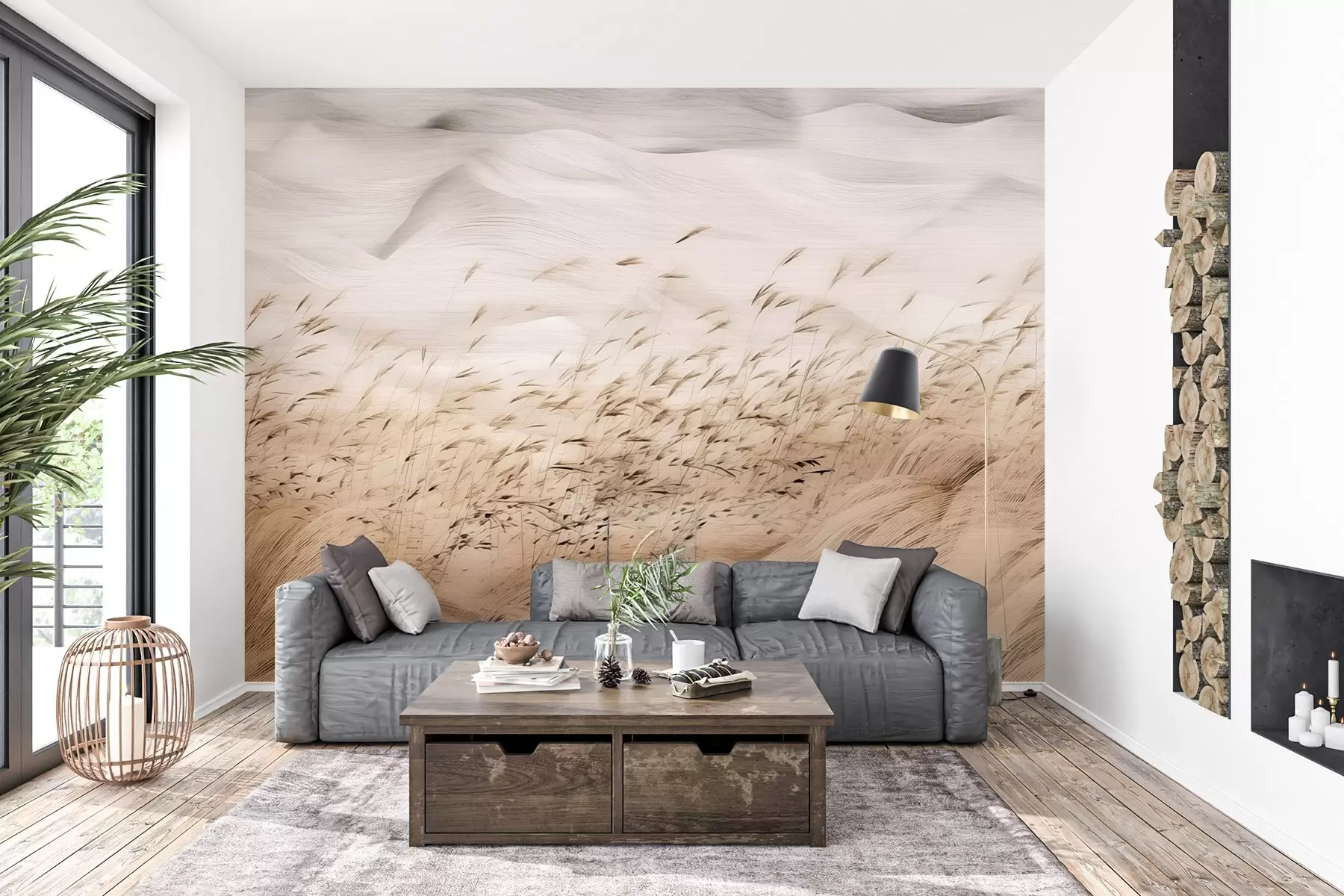 murales de pared abstracto campos de hierba soplado por el viento en tonos beige y piedra, líneas de dibujo de tinta con fondo de papel con textura, campo nórdico calma w03941