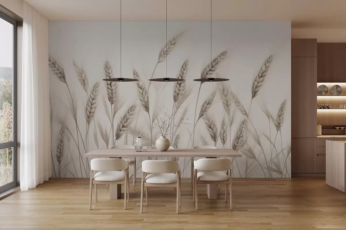 murales de pared delicada ilustración botánica de tallos de trigo, estilo dibujado a mano, líneas finas con textura de tiza pastel, suaves tonos sepia y marrón terroso, fondo blanco, composición simétrica elegante, estética de boceto natural w03943v1