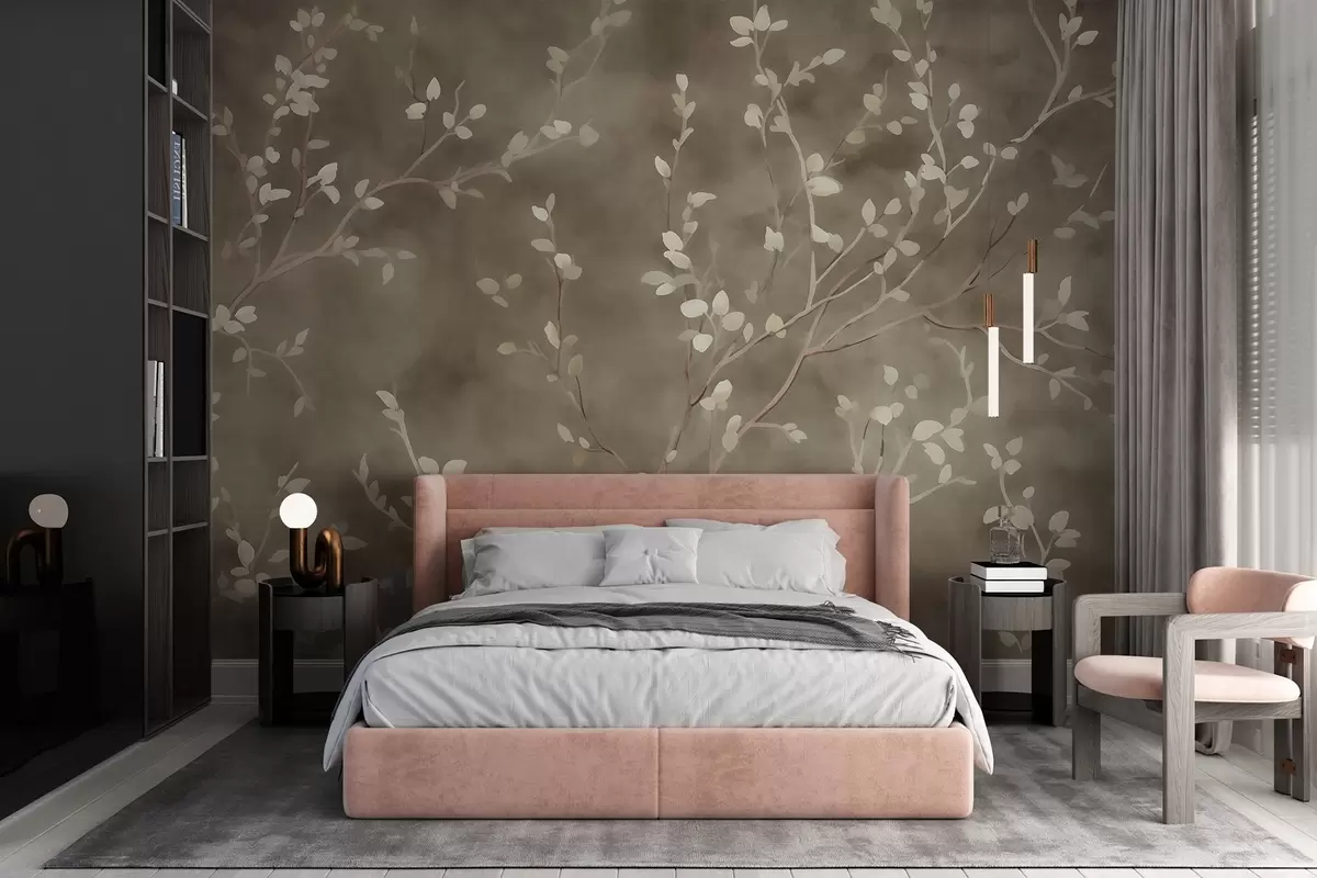 murales de pared papel pintado minimalista pintado a mano con suaves ramas de árbol blancas con delicadas hojas, que se ramifican orgánicamente sobre un fondo verde salvia apagado, finas líneas botánicas de flujo natural w03949v1