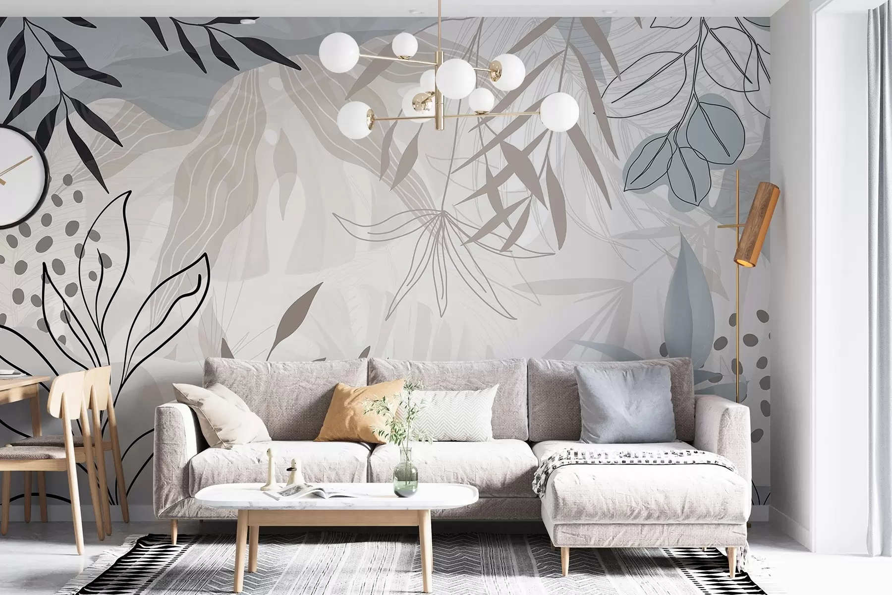 murales de pared Diseño floral abstracto moderno con hojas de color beige pastel, gris, azul y negro, delicado arte lineal y fondo suave w09105