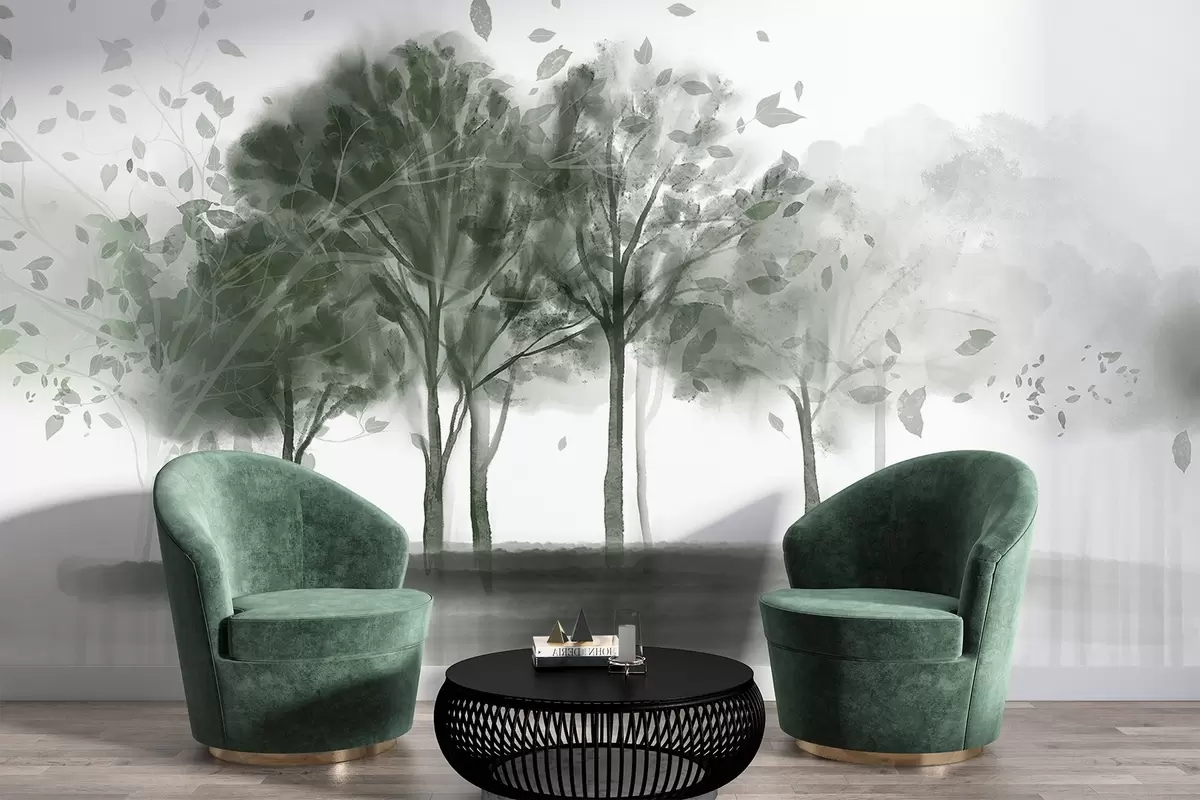 murales de pared Paisaje abstracto con árboles de hojas verdes reflejándose en el agua, en estilo acuarela texturizada w09109