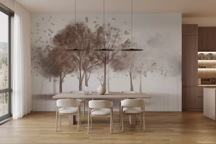 murales de pared Paisaje abstracto con árboles de hojas marrones reflejándose en el agua, en estilo acuarela texturizada w09109v1