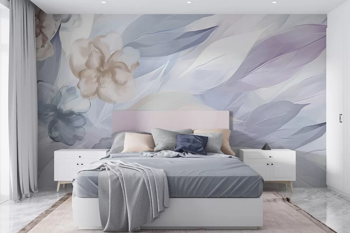 murales de pared Delicadas flores y hojas en tonos blancos, azules, púrpuras y beige fondo floral , colores suaves, delicados pétalos w09111
