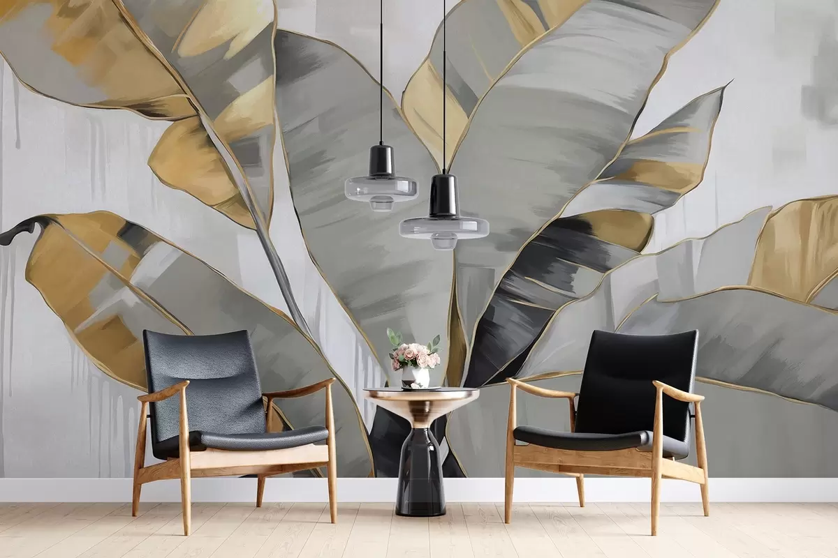 murales de pared Plátano tropical con textura de hojas en tonos grises y amarillos, estilo moderno, fondo neutro, cuadro decorativo w09118