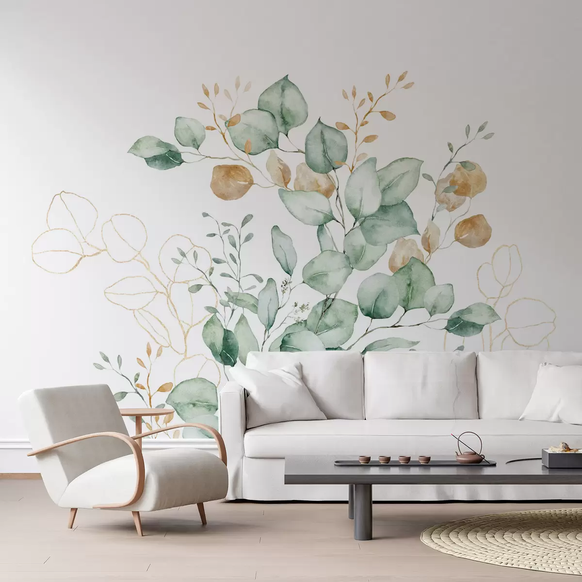 murales de pared Vegetación y ramas imitación de acuarela texturizada, tonos verdes y amarillos w03927